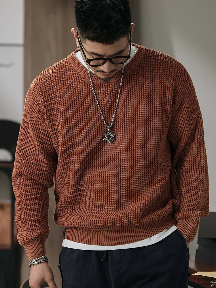 

Cotton Knit Sweater Men Autumn Winter Pullovers Fashion Korean Style Clothing Mens Dark Orange Jumpers O-Neck Solid Knitwears
