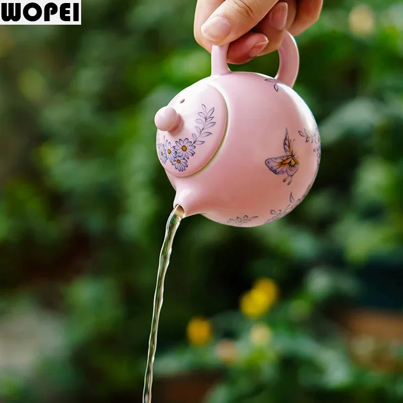 Ceramic Butterfly and Flower Teapot Vintage Teapot Single Pot Handmade Filtered Teapot Tea Infuser Household Kung Fu Tea Set