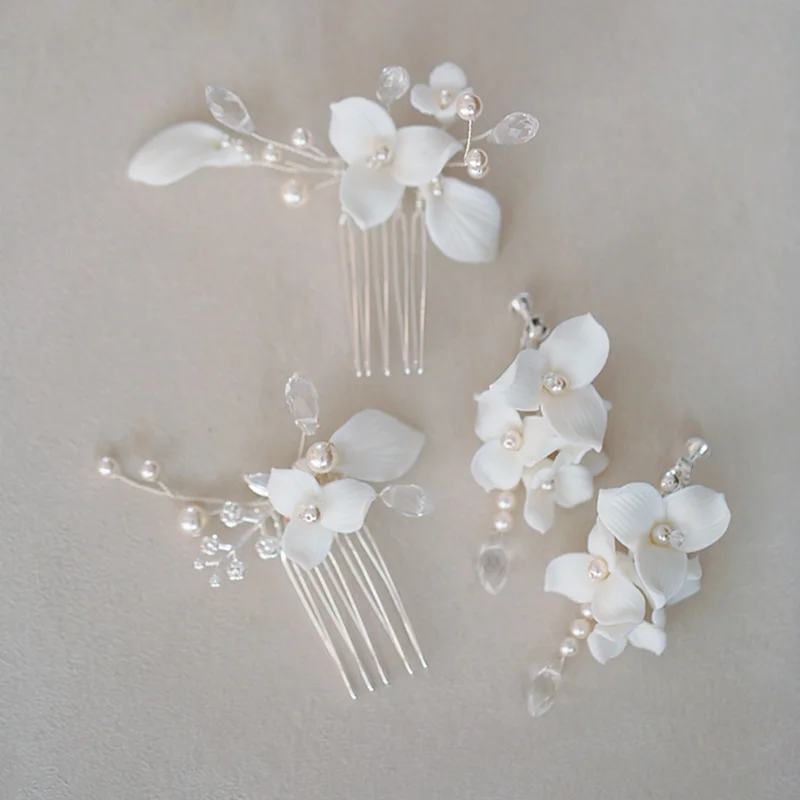 

SLBRIDAL Handmade Ins Style Porcelain Flower Bridal Hair Comb Earring Wedding Headdress Hair Accessory Bridesmaids Women Jewelry