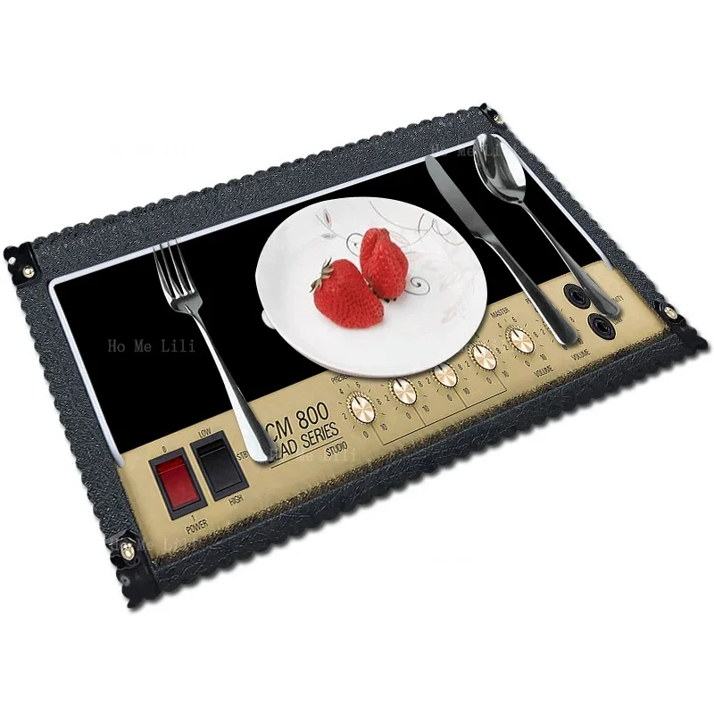 クラシックギターアンプブームボックスレトロ、オールドスクール、ミュージックカセット、テープ、レコーダー、黒、赤、ポリエステル、ファブリックプレースマット