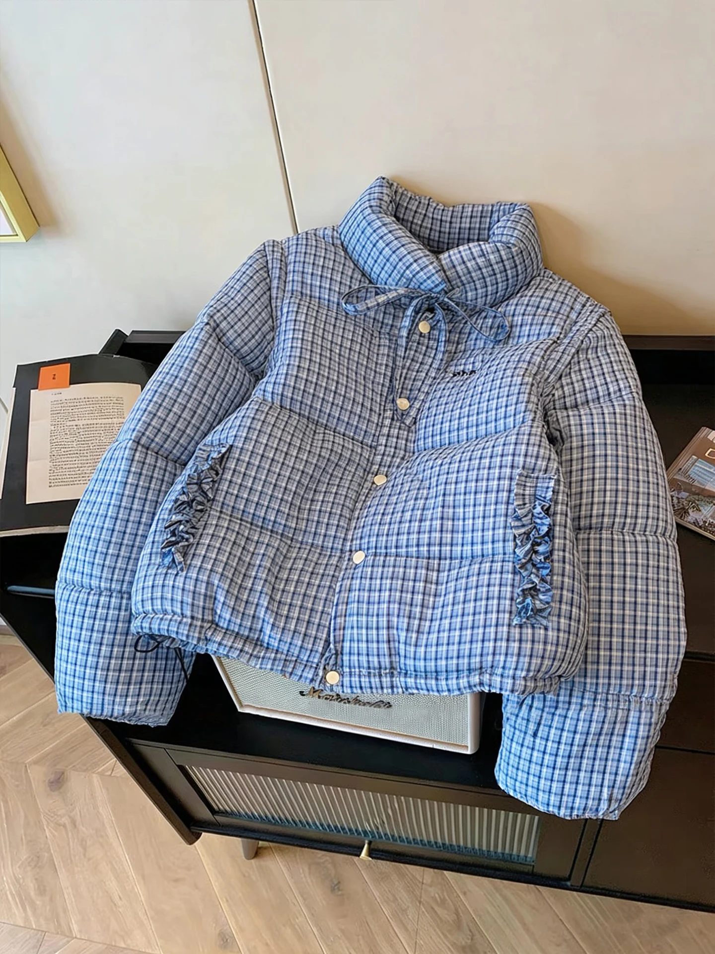 

Sweet Blue Plaid Cotton Jaet Women's Loose Fit Stand Collar Autumn Winter Faion plus Size Versatile ort Women's Coat