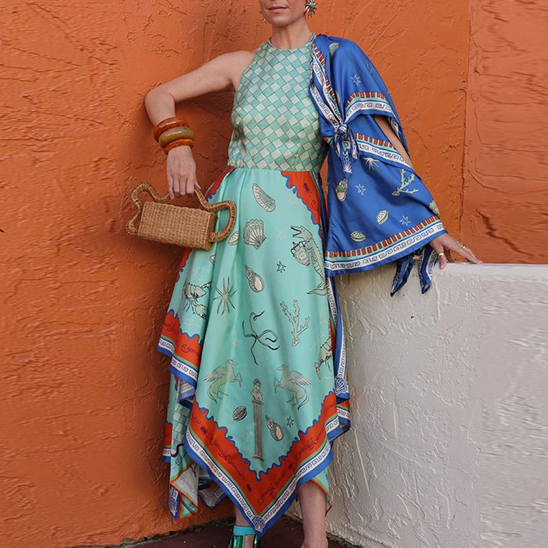 Elegancka satynowa sukienka bez rękawów z nieregularnym dołem, długa, letnia, nowa, w stylu bohemy, z nadrukiem, plisowana, seksowna sukienka z dekoltem O i wysoką talią.