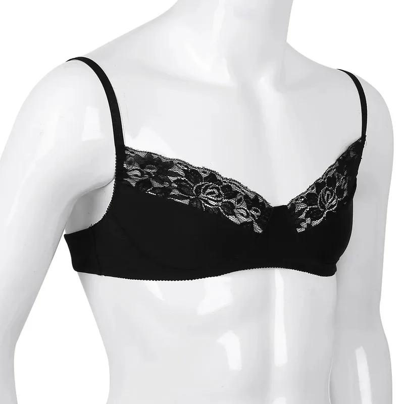 남성 브라 비키니 탑 시시 란제리 브라렛 부드러운 플로럴 레이스 브라 남성 와이어 프리 브라탑 조절 가능한 스트랩 슬립웨어 탑