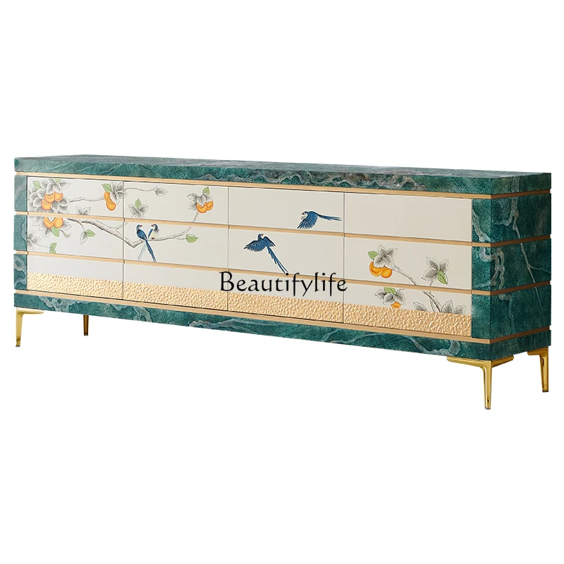 

Modern light luxury French cream style new Chinese painting everything goes well floor-to-ceiling TV cabinet