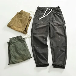 Texture bead canvas grain woven trousers male heavy wash paint to do old loose conical logging overalls