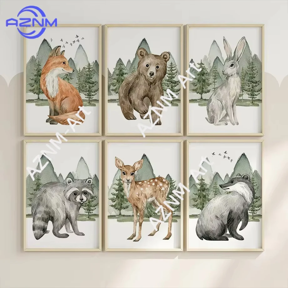 1Pc/6Pcs Bear Fox Rabbit Wolf Deer Raccoon Nursery Wall Art Canvas Painting Jungle Animal Posters And Prints Kids Room Decor