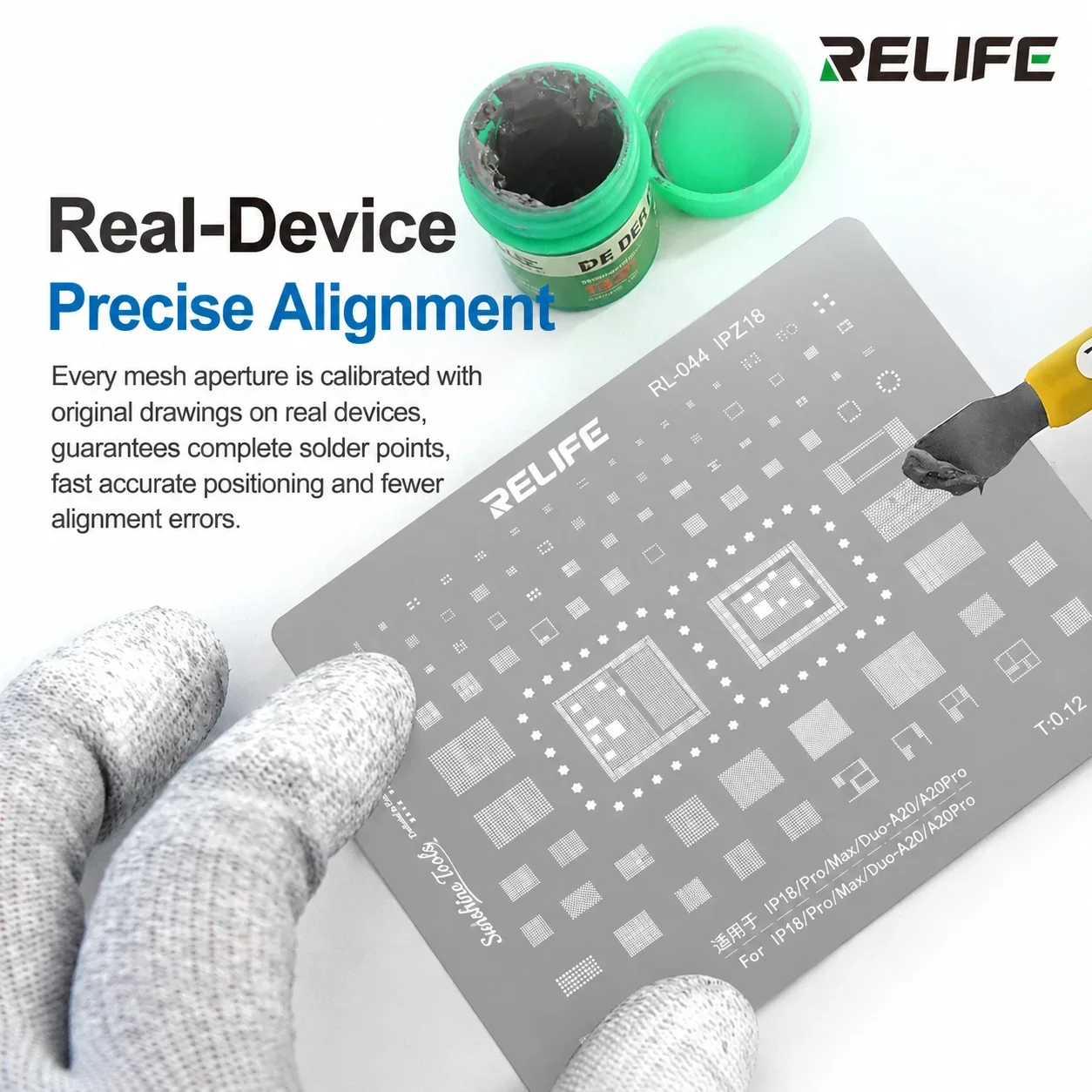 RELIFE RL-044 IPZ18 CPU Reballing Stencil 0.12mm for IPhone18 Series A20/A20Max CPU Stencil Planting Tin Steel Mesh Repair Tool