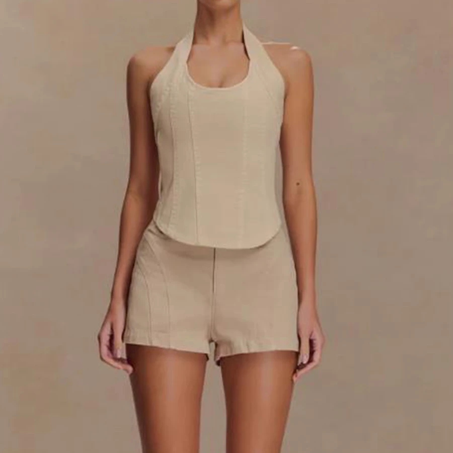

2025 Women's Slim Fit 2 Piece Denim Outfits Solid Color Sleeveless Halter Neck Tank Tops Shorts Sets Streetwear