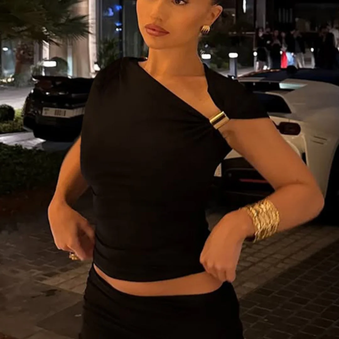 Solid Color Single Sleeve Off Shoulder Asymmetrical Pleated Crop Top Tight T Shirt For Women