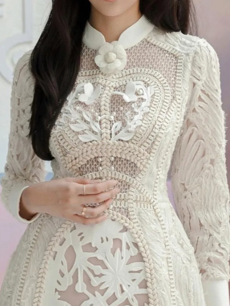 UCXQ O Neck White Lace Embroidery Elegant Short Dress Fairy Style Long Sleeve A-line Party Dresses Women 2024 Spring Summer 8648