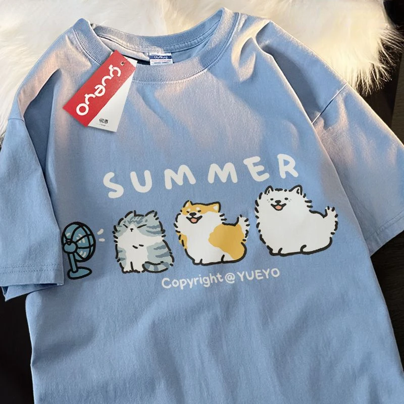 Line Up for Hair Dryer Cartoon American Style Short Casual Loose Summer Cat and Dog Samo Blowing Fan T-shirt for Men and Women