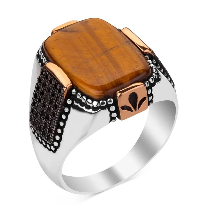 2023 New European-American Personality Retro Two-Color Men's Ring Tiger Eye Stone Ring Jewelry