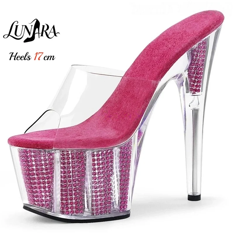 Ladies 17cm/7Inch Hot pink Clear Backless Mules Platform Stilettos Rhinestone Stripper shoe Pole dance Nightclubs Rave