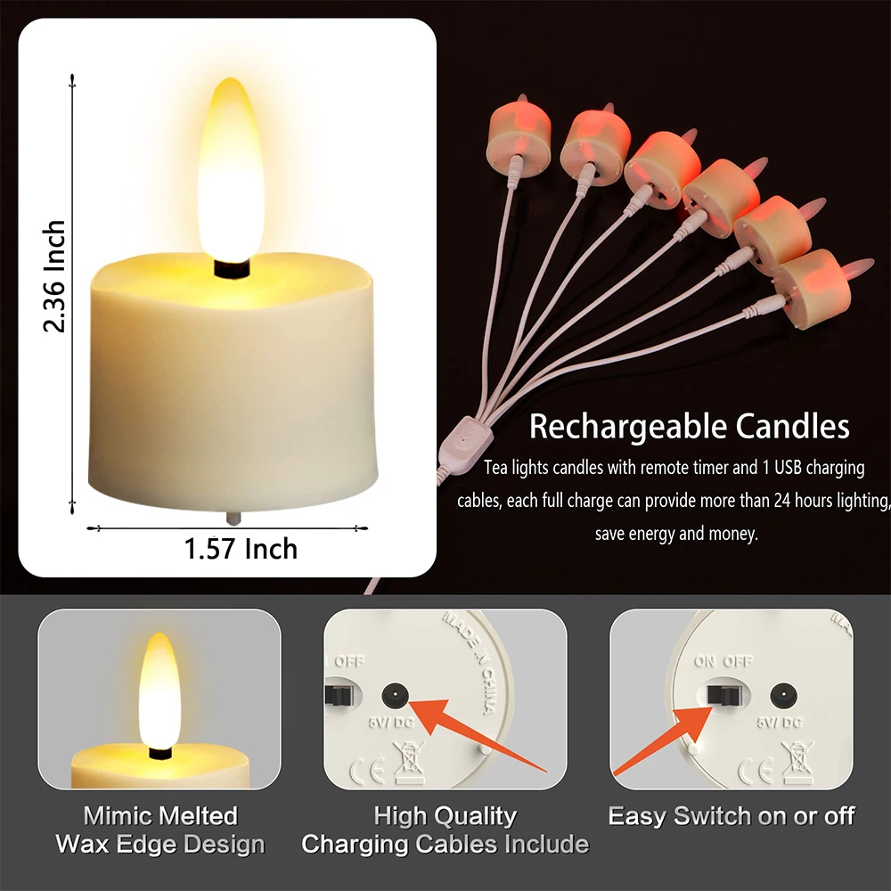 LED Electronic Candle lamp Timer Remote Rechargeable Candle Flickering Flames Valentine\'s day Birthday Home Decoration Tealights