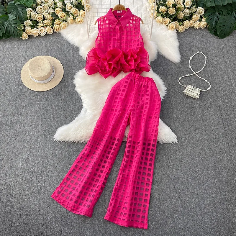 

Internet Celebrity INS Design Sweet Three-Dimensional Ruffled Sleeveless Turn-Down Collar Vest Top + Plaid Wide-Leg Pants