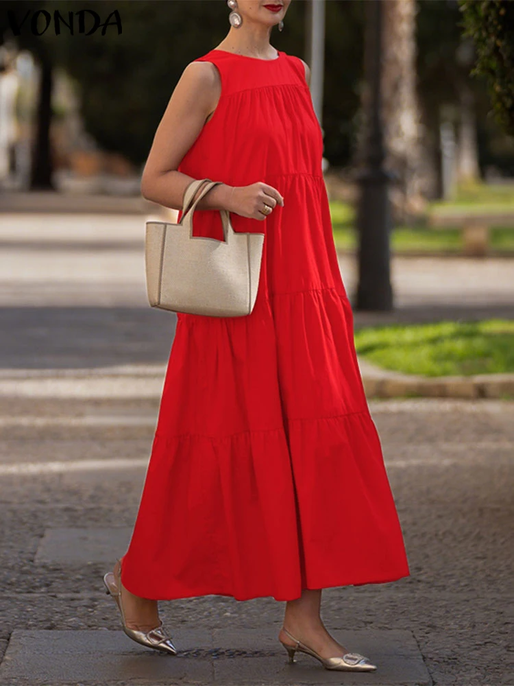 

Long Shirt Dress Sleeveless Summer Sundress Women 2025 VONDA Oversized Party Vestidos Causal Loose Solid Ruffled Robe Femme