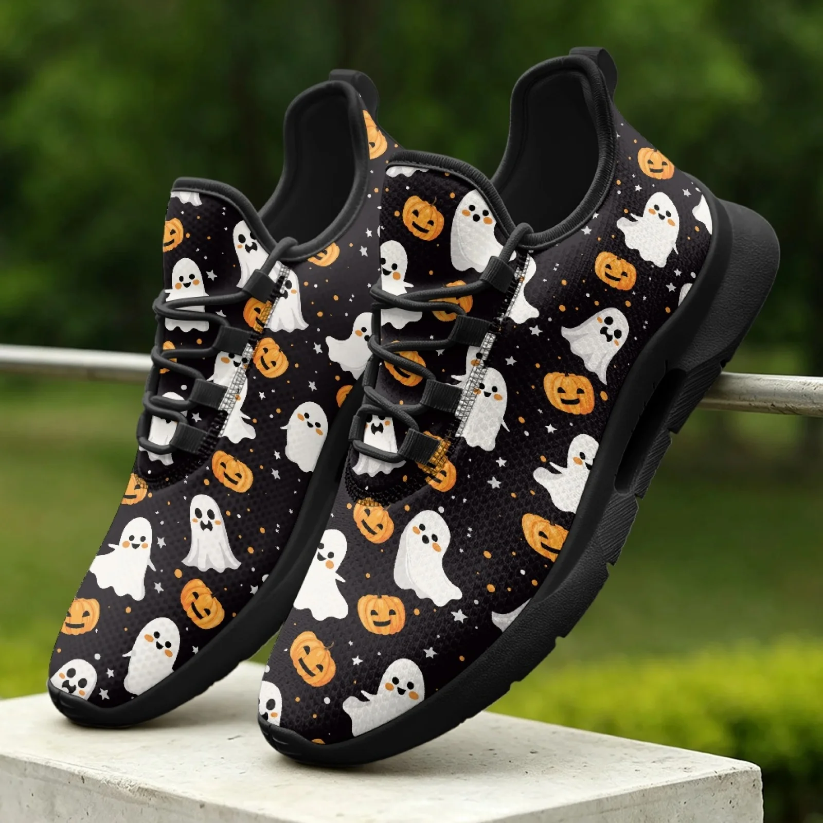PENSTROLL Ghost Pumpkin Print Breathable Casual Lightweight Sneakers Lace Up Shoes for Men Daily Wear Walking