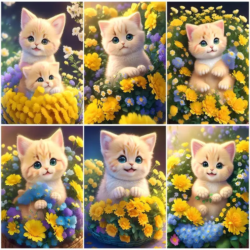 

SDOYUNO Coloring By Numbers Painting Art Supplies Yellow Flower Cat Animal Hand Painting Drawing On Canvas Wall Decororation