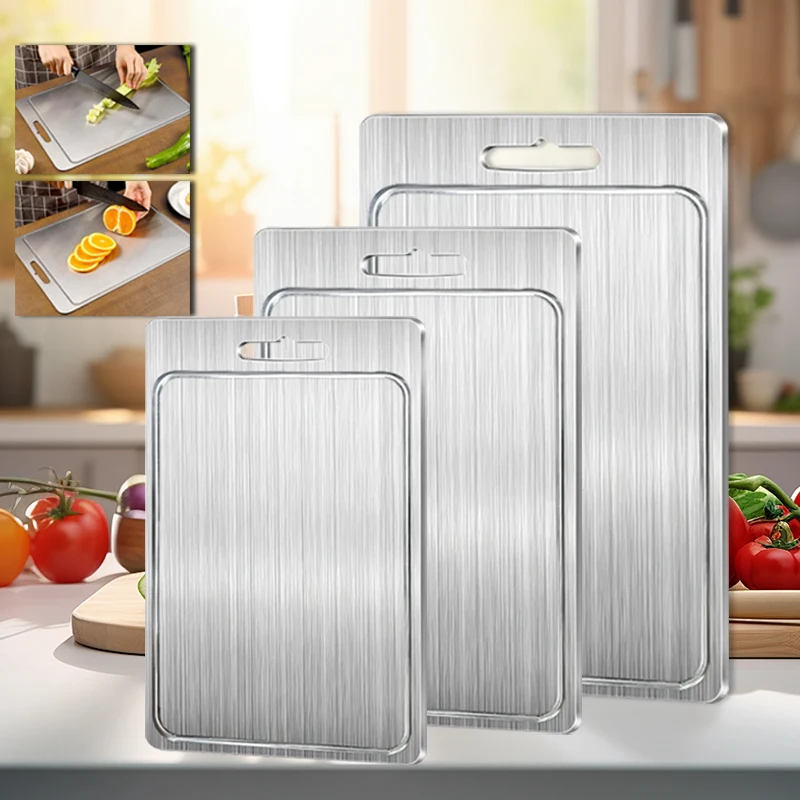 Stainless Steel Kitchen Cutting Board with Juice Grooves Double Sided Food Grade Chopping Boards Anti-Slip 304 Cutting Boards