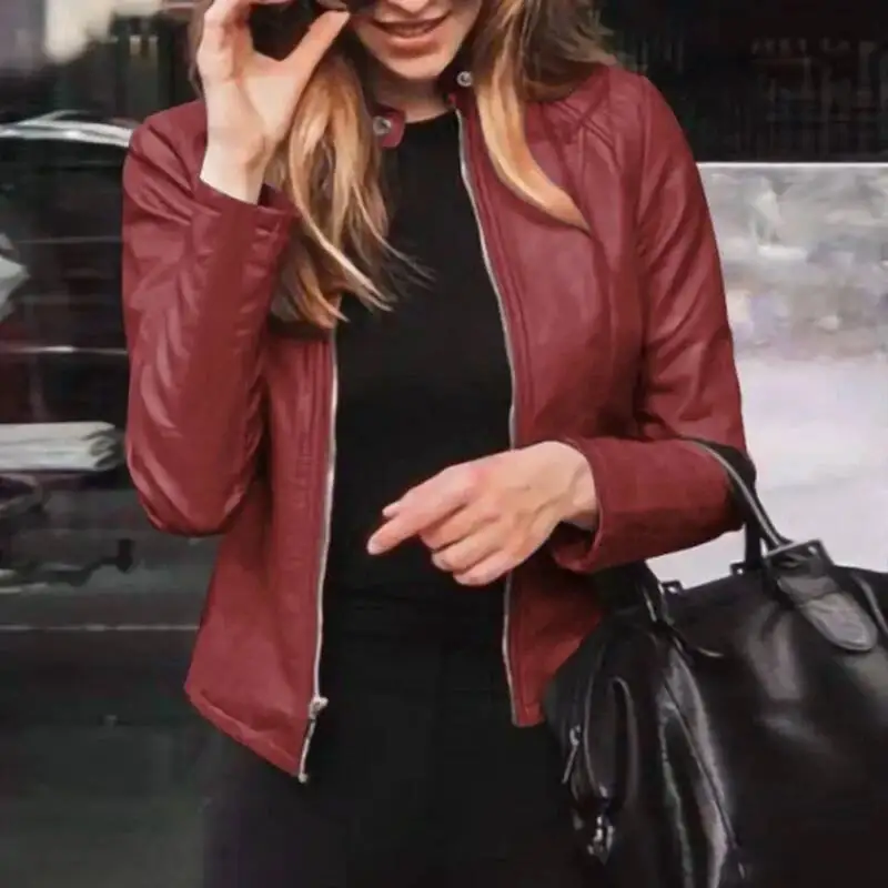 Slim Fit Faux Leather Women Classic Moto Biker PU Leater Jacket Spring Autumn Basic Zipper Coat Outerwear