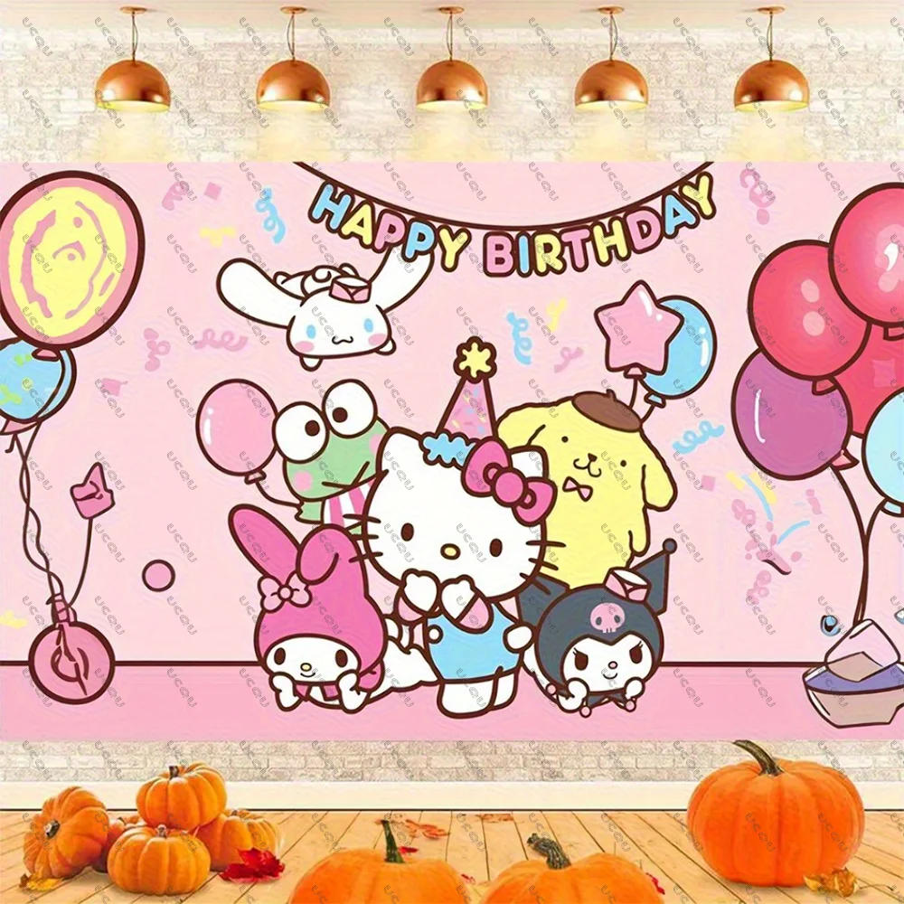 MINISO名創優品 ハローキティ背景幕 吊り下げ布 お祝い ルームデコレーション 写真背景 寮の装飾 壁 誕生日パーティーバナー
