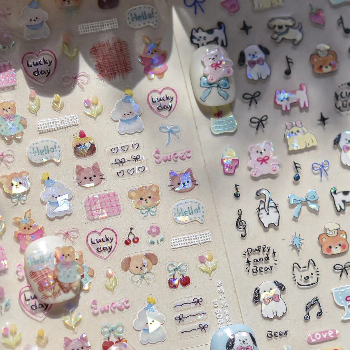 Graffiti ours chat chaton chien chiot nœud papillon gâteau tulipe Note étoile cerise tasse adhésif Nail Art décoration autocollant manucure décalcomanies