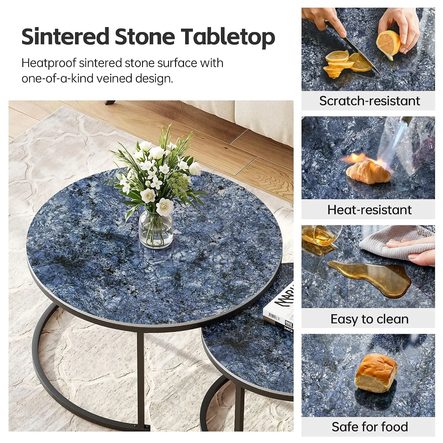 Round Nesting Coffee Table Set of 2, Blue Modern Sintered Stone Center Table for Living Room with Metal Frame, Customized
