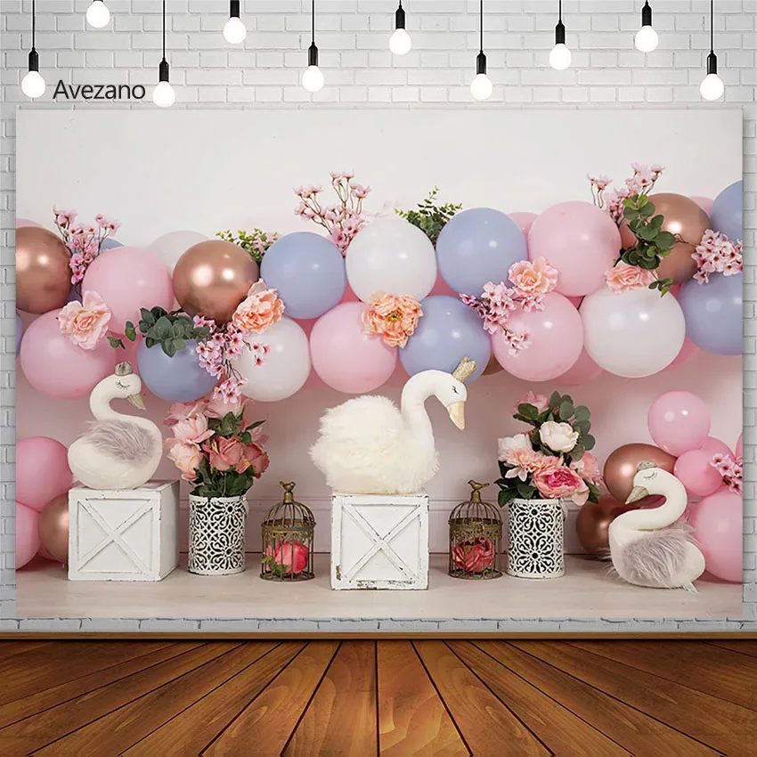 

Avezano Cake Smash Photography Background Pink Balloon Swan Floral Girl Portrait Birthday Backdrops Decor Photo Studio Photozone