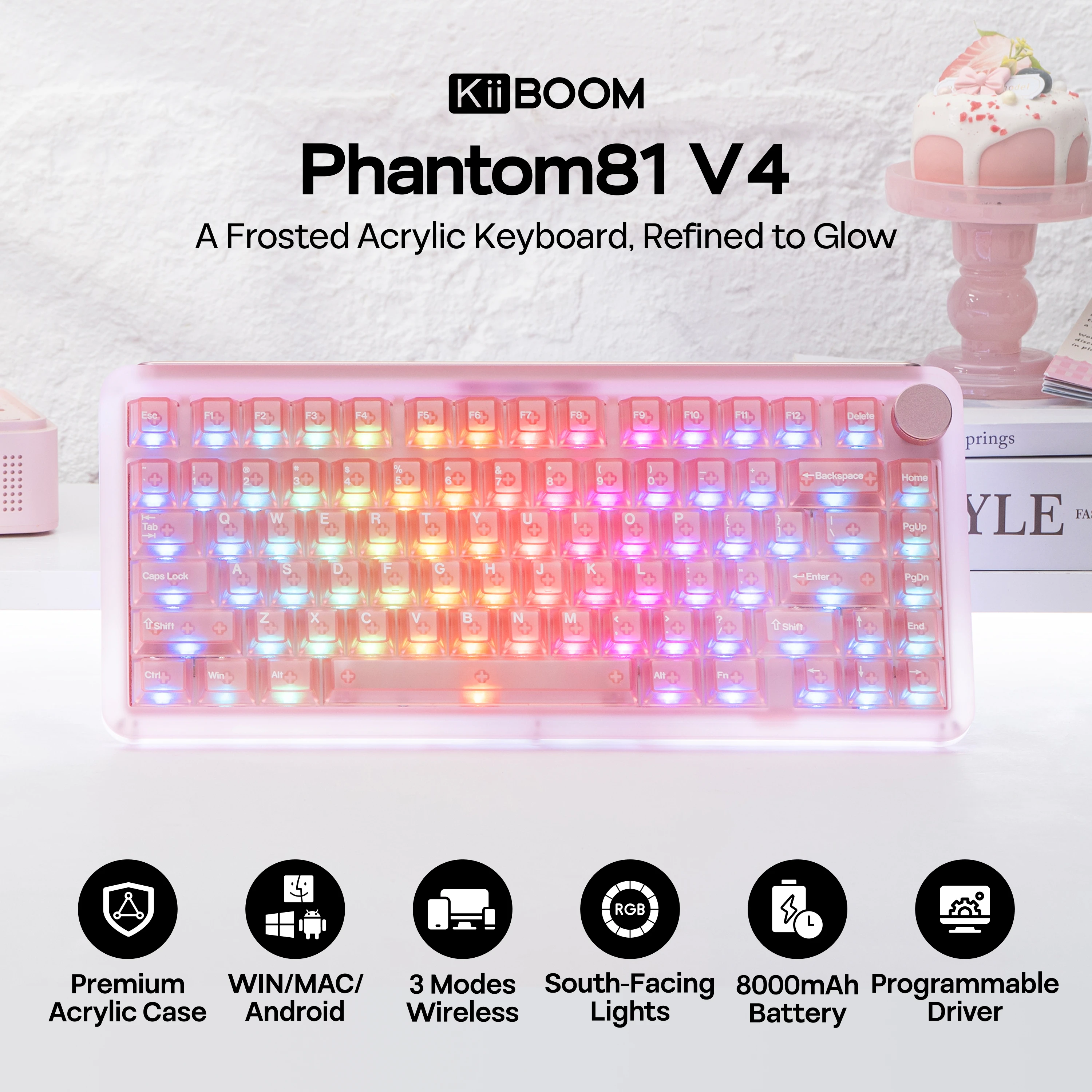 KiiBOOM Phantom81 V4 75% ANSI US Layout Tri-mode Wireless Acrylic Semi-Translucent Mechanical Keyboard with Shine Through Keycap