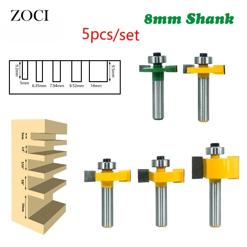 5pcs 8mm Router Bit Set T-Sloting Wood Slot Wood Working Tools Cnc Mill Carbide T Type Rabbeting Milling Cutter Kit Set