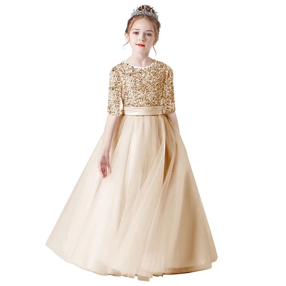 Champagne Flower Girl Dresses For Wedding Sequins Sash With Bow Half Sleeves Kids Birthday Party First Communion Ball Gown