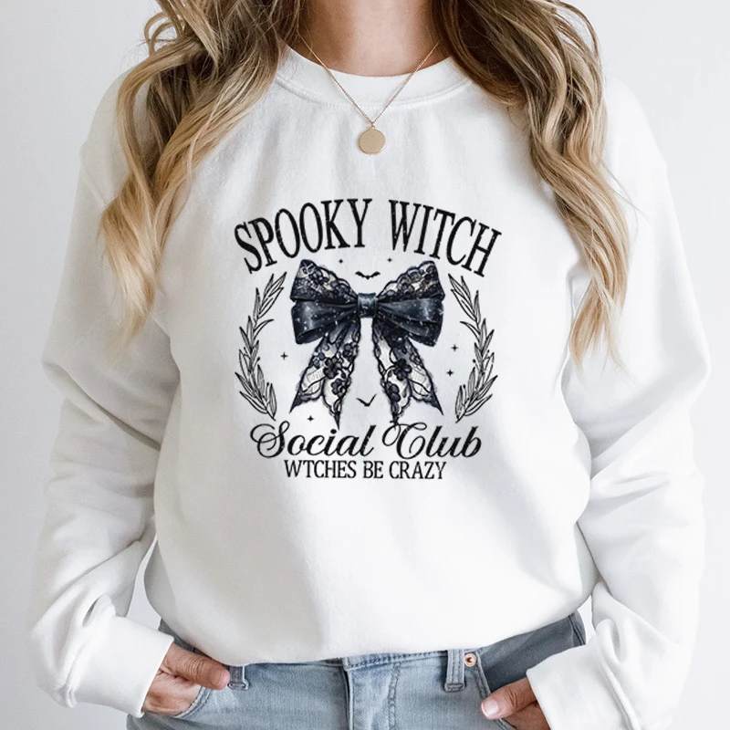 Halloween Bow Spooky Wicth Social Club Style Round Neck Pullovers Swetshirts Women Printed Casual Long Sleeve Hoodless Pullovers