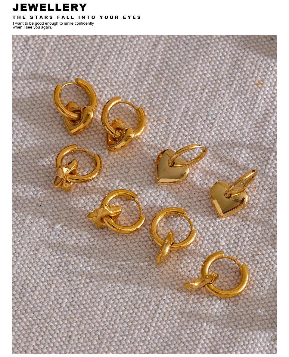 Yhpup Stern Mond Herz Anhänger Tropfen Creolen Huggie Ohrringe 18 Karat vergoldet trendiger wasserdichter Edelstahl Mode Charm Schmuck – Detail 24