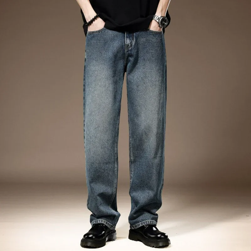 

Men American Vintage Blue Straight Jeans Casual Loose Solid Washed Distressed Fashion Thin Wide Leg Denim Pants XT385