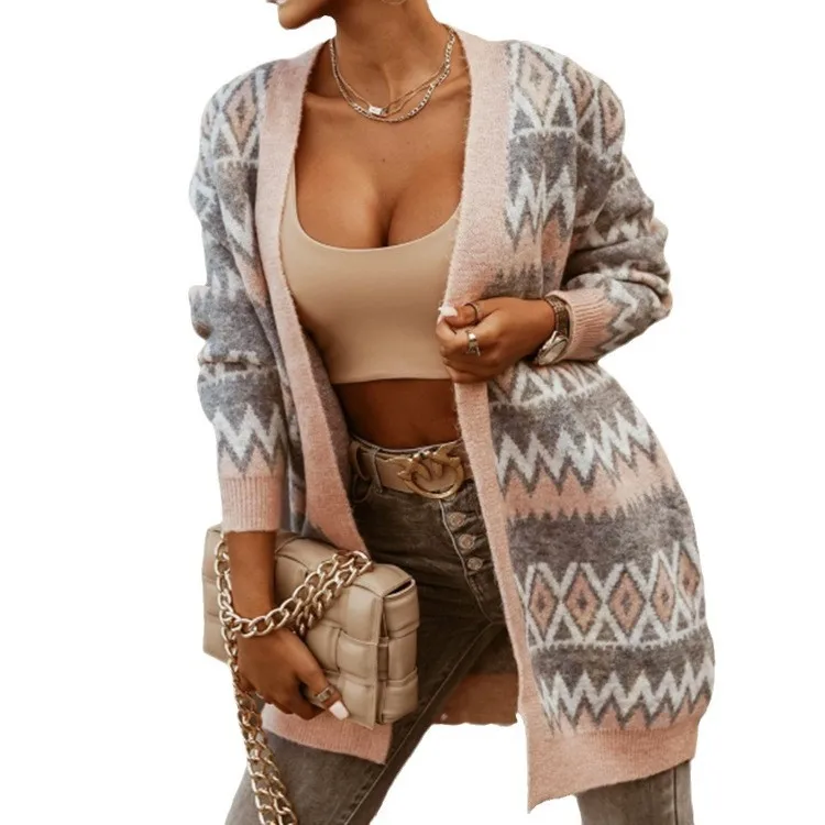 سترة نسائية منسوجة من Argyle معطف ميدي لصق كم كامل سترات غير رسمية معاطف سميكة أنيقة عتيقة للسيدات عادية