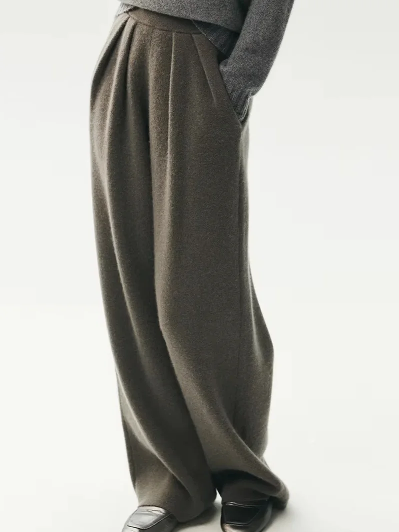 Autumn Winter 100% Cashmere Pants Women's Elastic Waist Straight Pants Pleated Invisible Insert Bag Chic Loose Knitwear Trousers