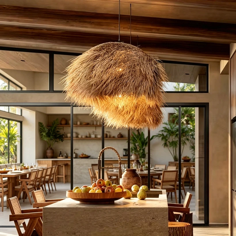 

Hawaiian Style Woven Straw Pendant Lights Hotel Restaurant Vintage Chandelier Living Room Dining Table Bied Nest Shape Lamps