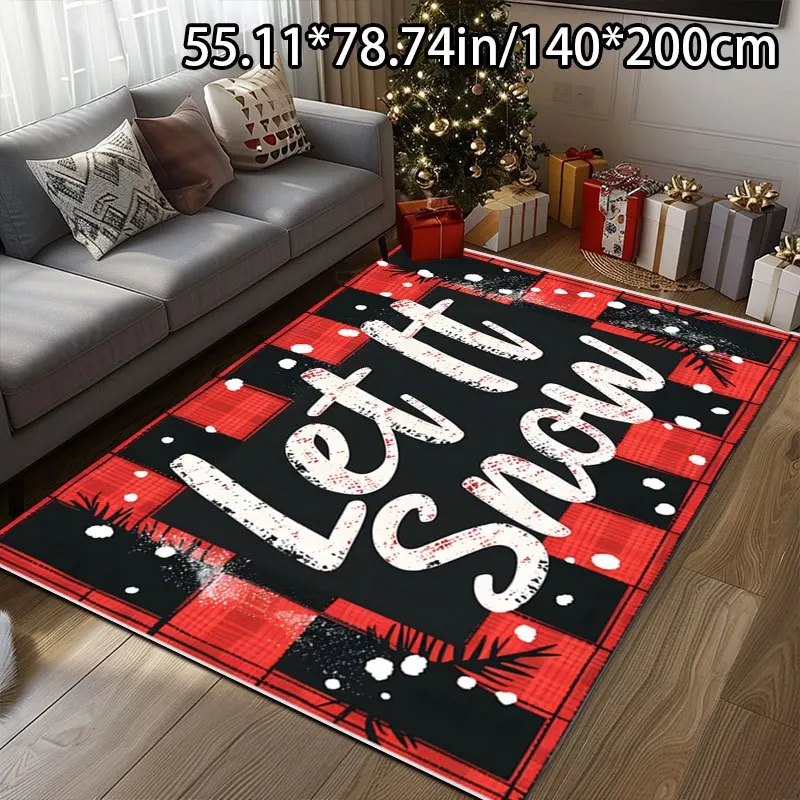1pc Red‑Black Plaid Merry Christmas Decorative Area Rug, Diamond‑Velvet Surface, Non‑Slip Dot Plastic Back