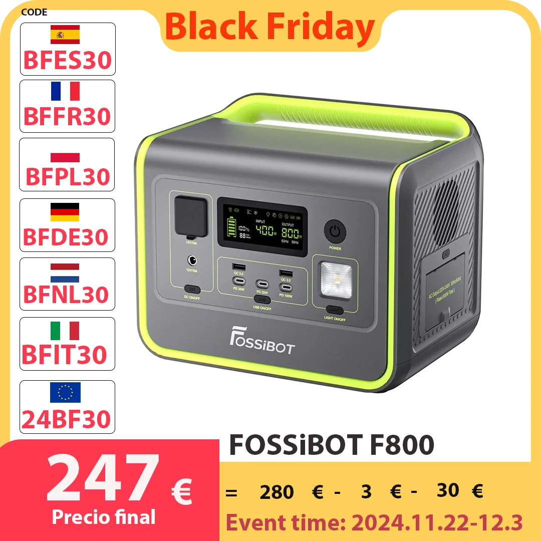 FOSSiBOT F800 Portable Power Station, 512Wh LiFePO4 Solar Generator, 800W AC Output, 200W Max Solar Input, 8 Outlets, LED Light