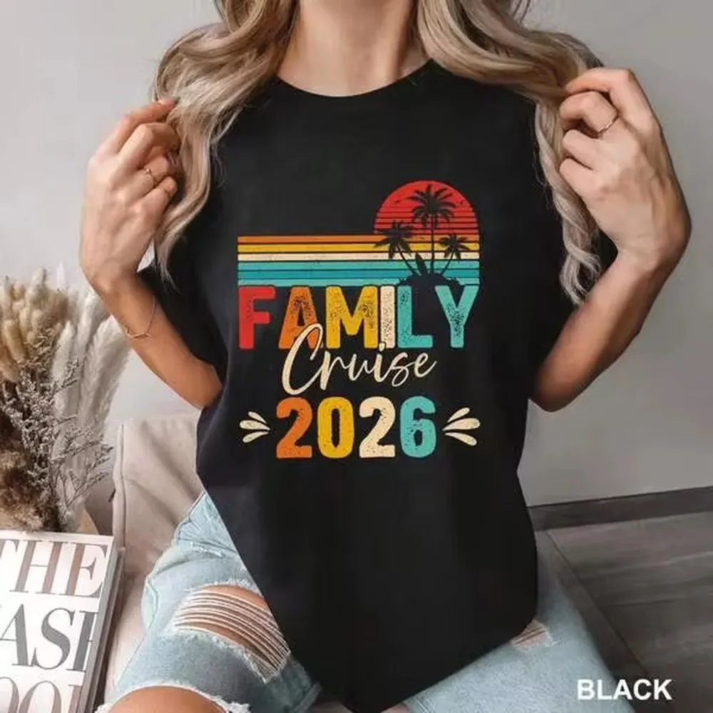 Family Cruise 2026 Shirt, Retro Sunset Palm Trees, Summer Vacation Tee,Women Y2K Oversized Graphic Tee, Summer