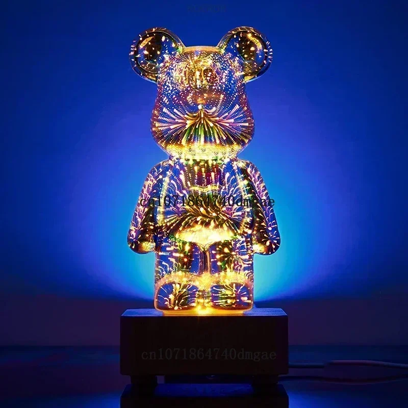 3D Fireworks Bear Night Light Projection Colorful USB Atmosphere Dimming Living Decorative Decor Room 3D Glass Fireworks Bedroom