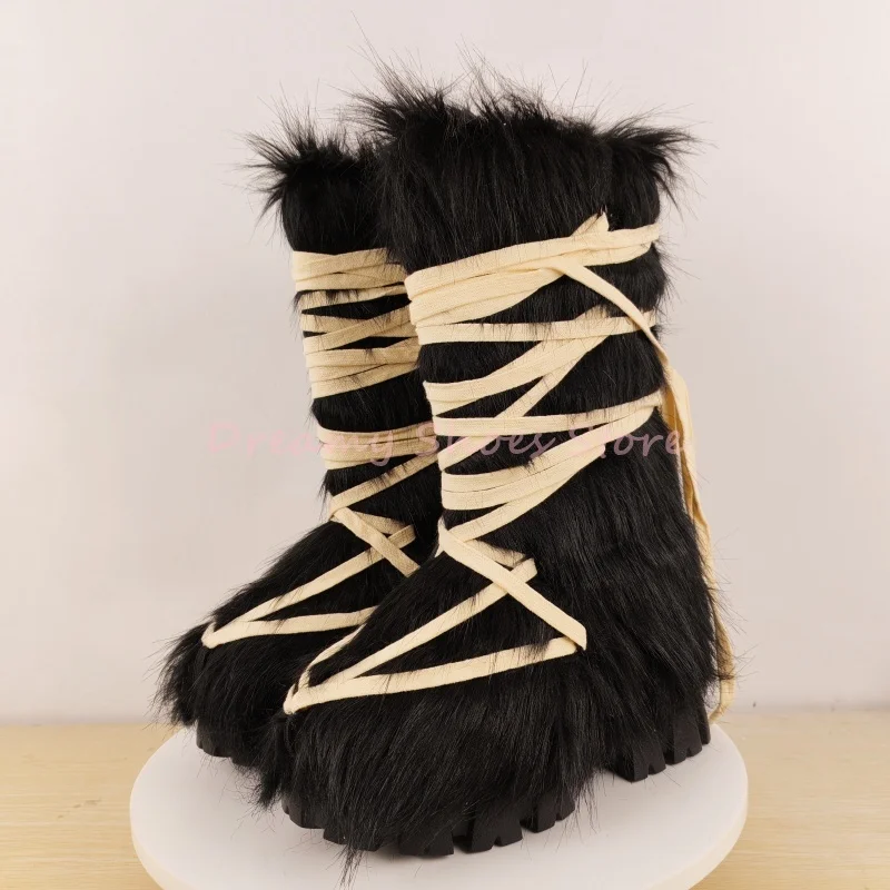 

Black Faux Fur Lace Up Platform Knee High Boots Women Cross Strap Thick Sole Warm Snow Boots Fashion Trendy Winter Ladies Shoes