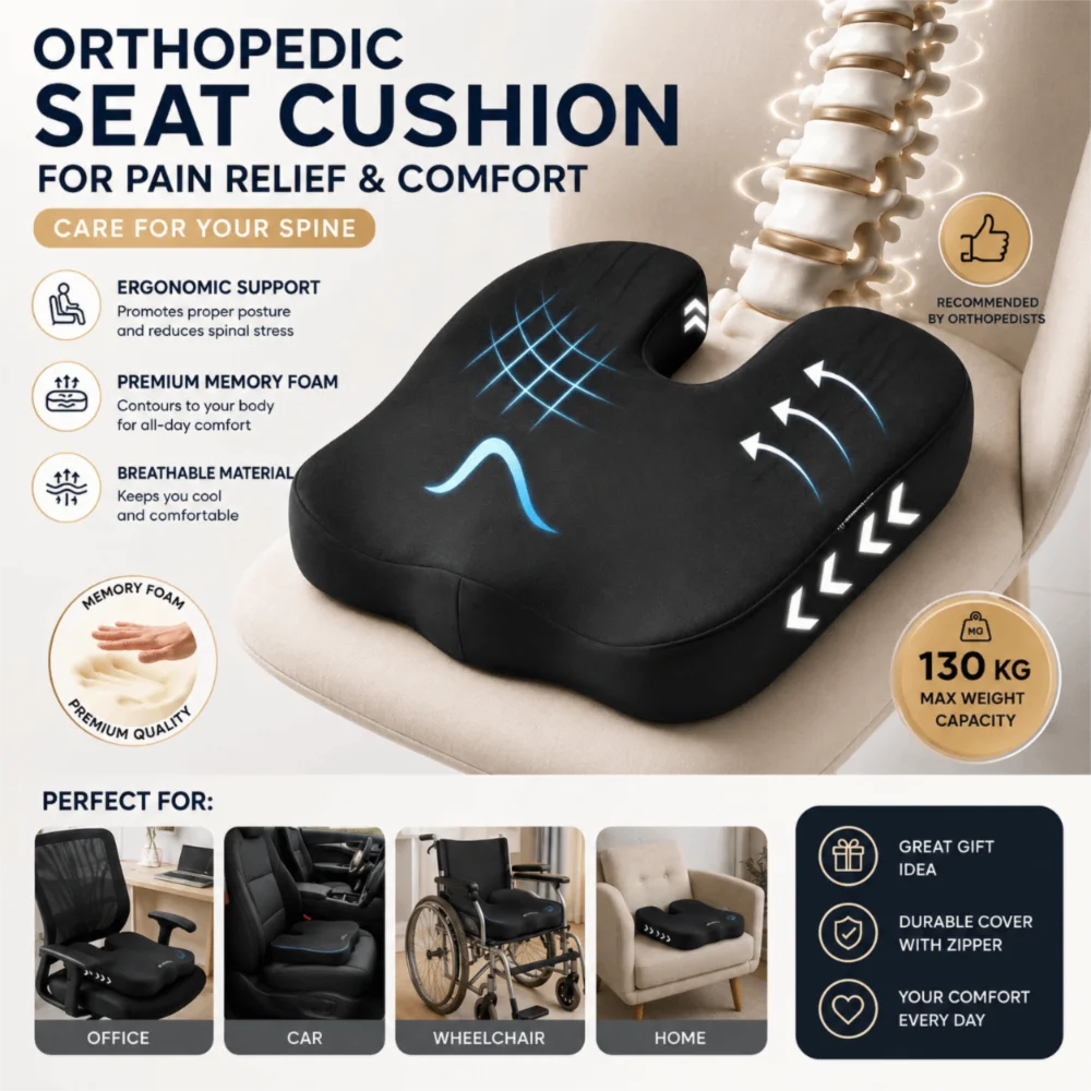 Slow Rebound Memory Foam Seat Cushion Orthopedic Support Non Slip Ergonomic Seat Cushion ‌No Collapse Long Lasting Chair Pillow