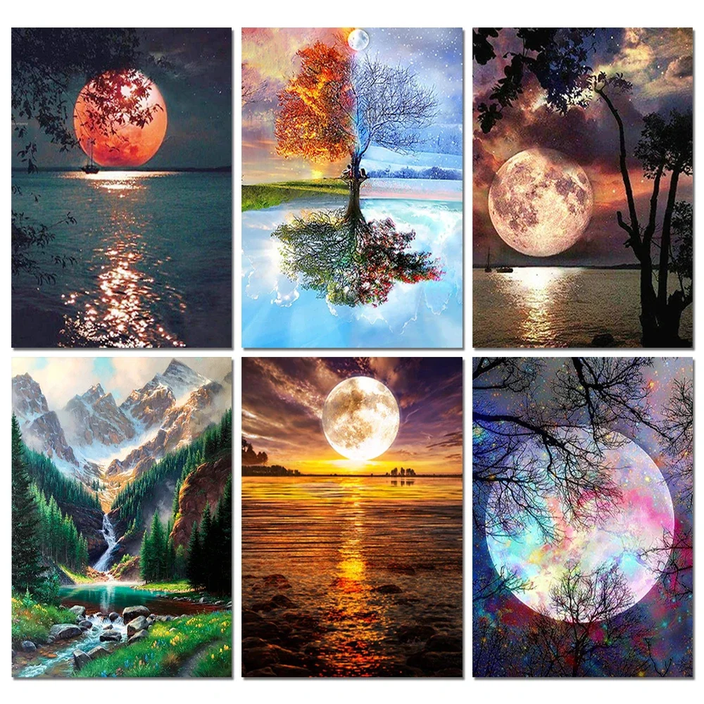 Nowy DIY 5D Diamond Painting Moon Tree Full Round Mosaic Landscape Flower Diamond Embroidery Art Rhinestone do wystroju domu