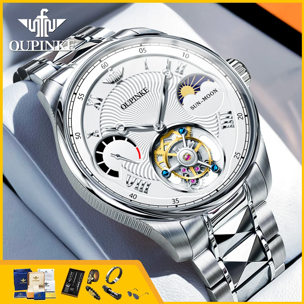 OUPINKE 8001 Tourbillon Automatic Mechanical Men's Watch Sapphire Mirror Leather Strap Moon Phase Waterproof Wristwatch for Man