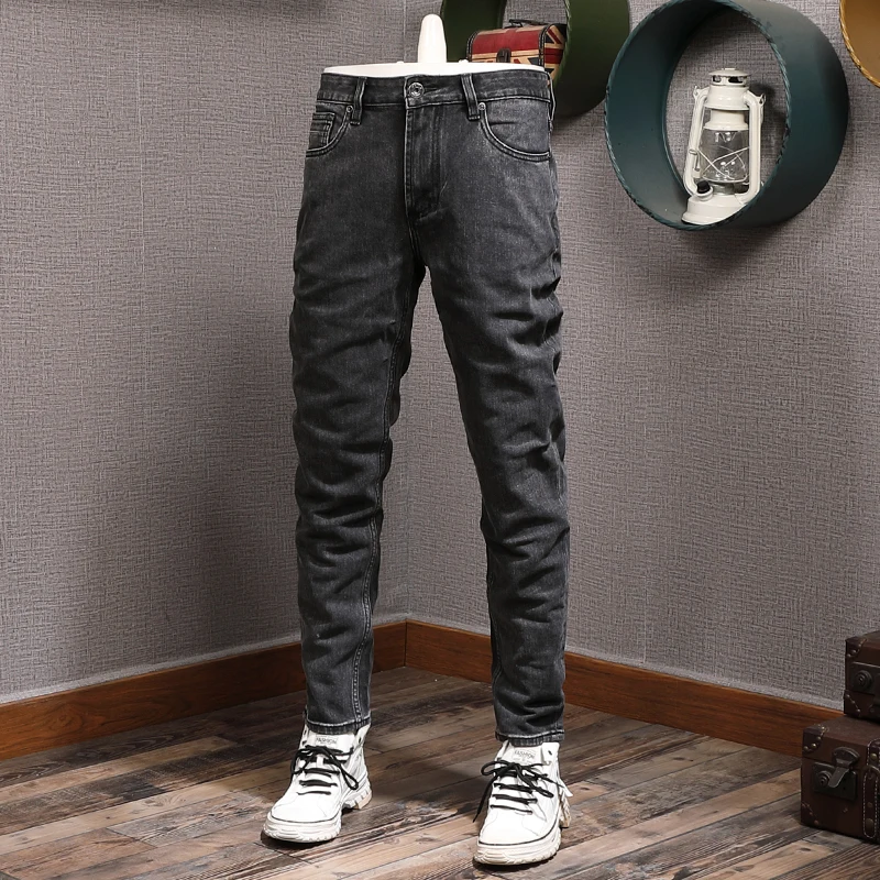 Korean Style Fashion Men Jeans Retro Black Gray Elastic Slim Fit Casual Denim Pants Hombre Vintage Designer Jeans Men Trousers