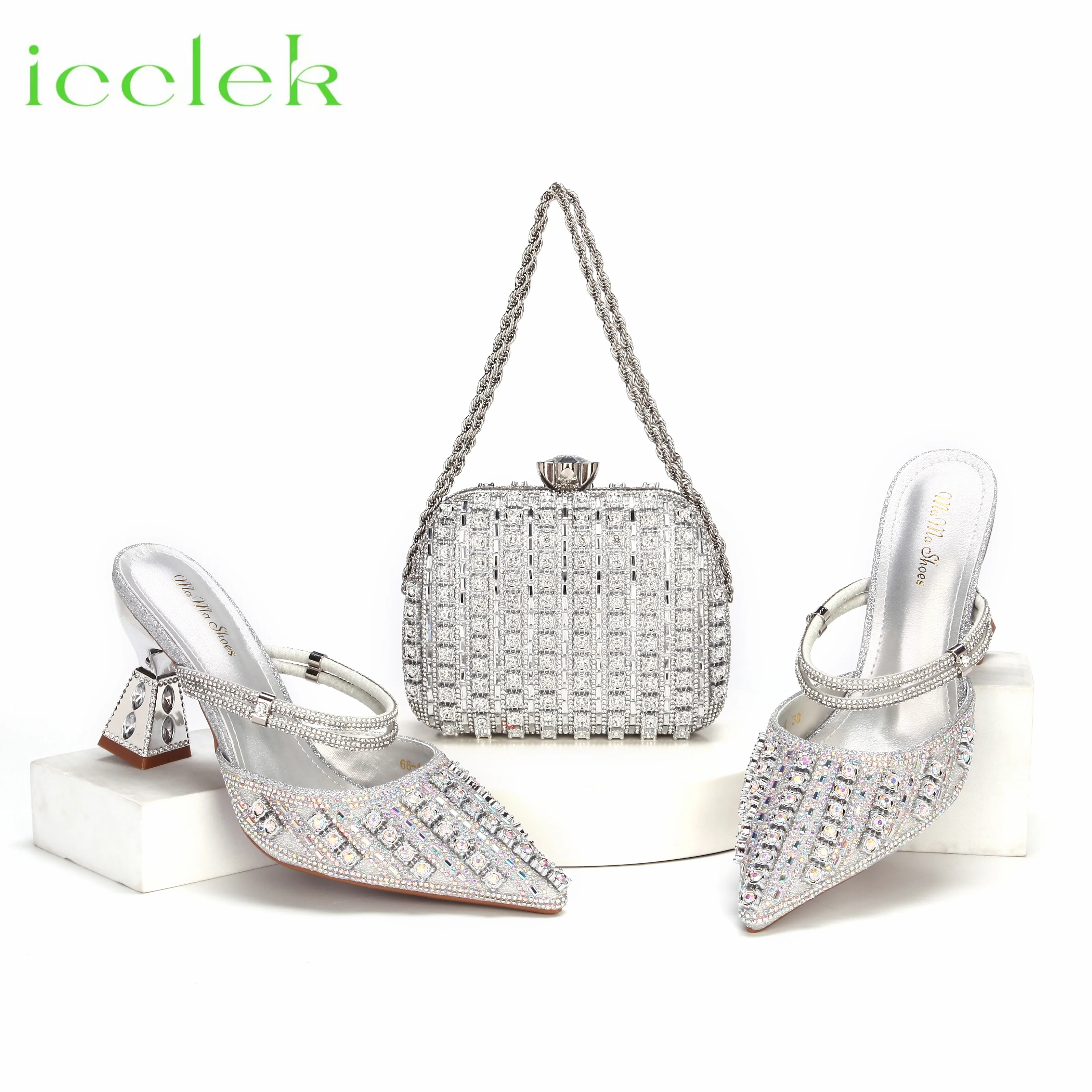 

2025 Elegant Silver Women's High Heels and Rhinestone Handbag Set Italian Design for Weddings and Parties