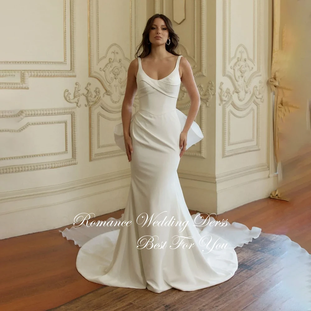 Simples plissado arco sereia vestido de casamento recortado alças espaguete sem mangas aberto volta vestido de noiva vestidos de novia personalizado