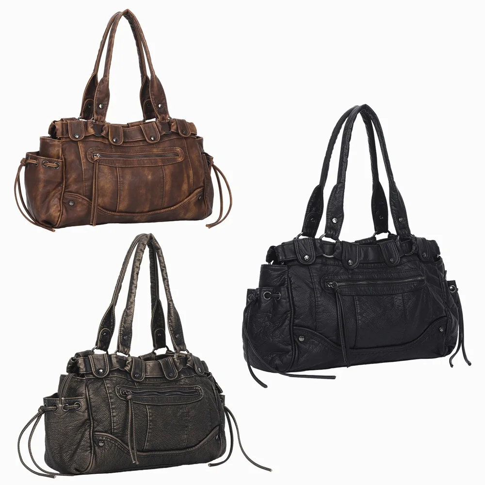 Retro Women Washed PU Leather Handbag Vintage Brown Rivet Shoulder Bag Multi Pocket Drawstring Large Casual Tote Satchel