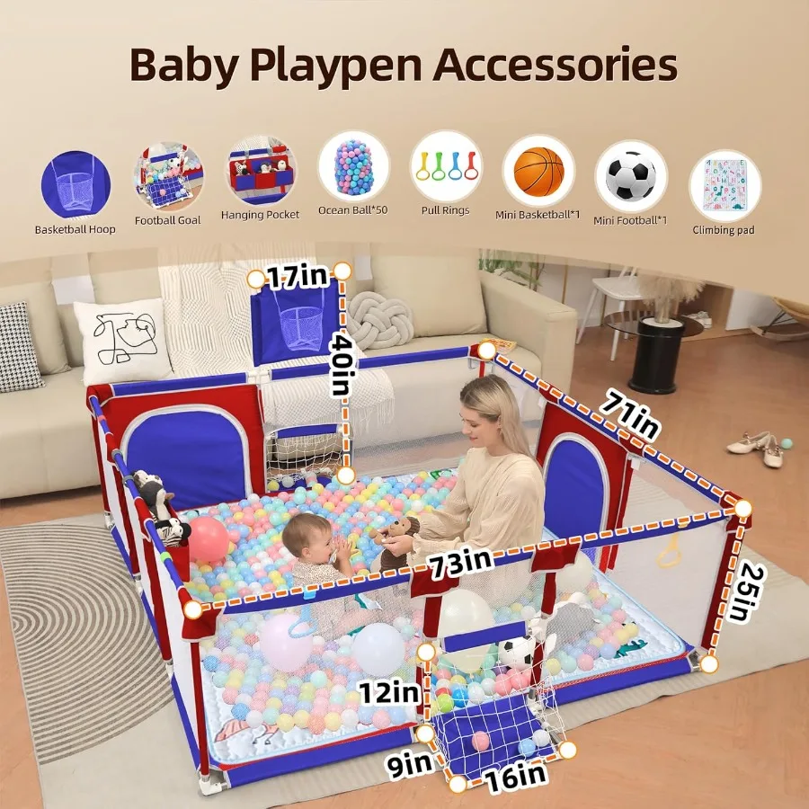 Kojec dla niemowląt i małych dzieci, kojec dla dzieci o wymiarach 185x180 cm z matą, do użytku wewnątrz i na zewnątrz, oddychający kojec z piłeczkami do zabawy i zawieszkami.